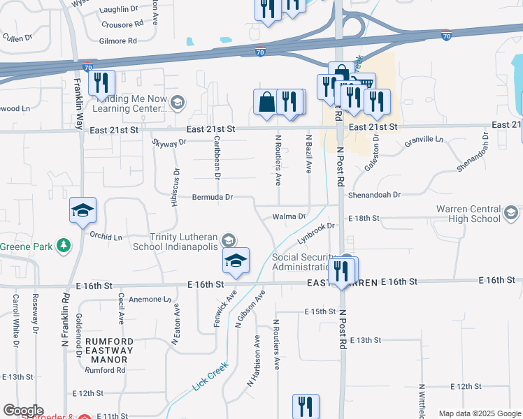 map of restaurants, bars, coffee shops, grocery stores, and more near 8727 Bermuda Drive in Indianapolis