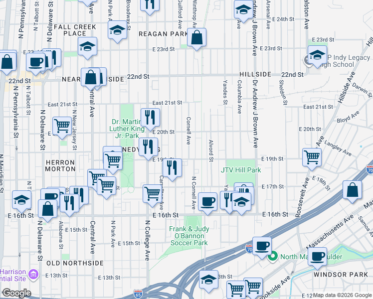 map of restaurants, bars, coffee shops, grocery stores, and more near 1949 Bellefontaine Street in Indianapolis