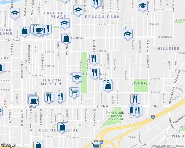 map of restaurants, bars, coffee shops, grocery stores, and more near 1939 North College Avenue in Indianapolis