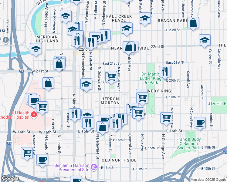 map of restaurants, bars, coffee shops, grocery stores, and more near 1930 North Alabama Street in Indianapolis