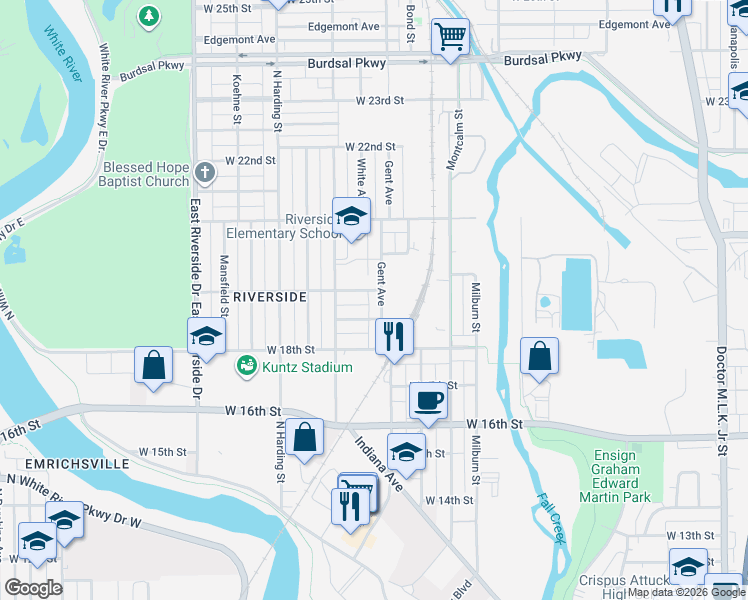 map of restaurants, bars, coffee shops, grocery stores, and more near 1228 West 19th Street in Indianapolis