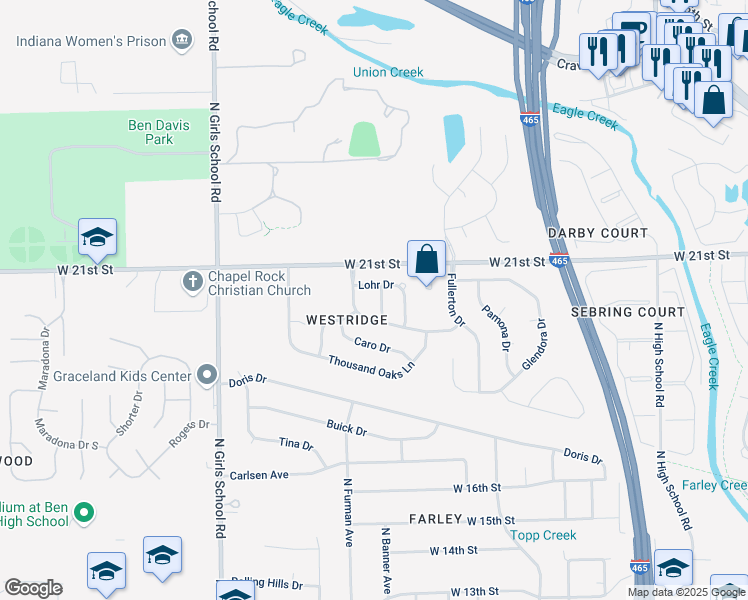 map of restaurants, bars, coffee shops, grocery stores, and more near 6918 Lohr Way in Indianapolis