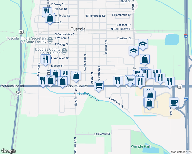 map of restaurants, bars, coffee shops, grocery stores, and more near 608 East Pinzon Street in Tuscola