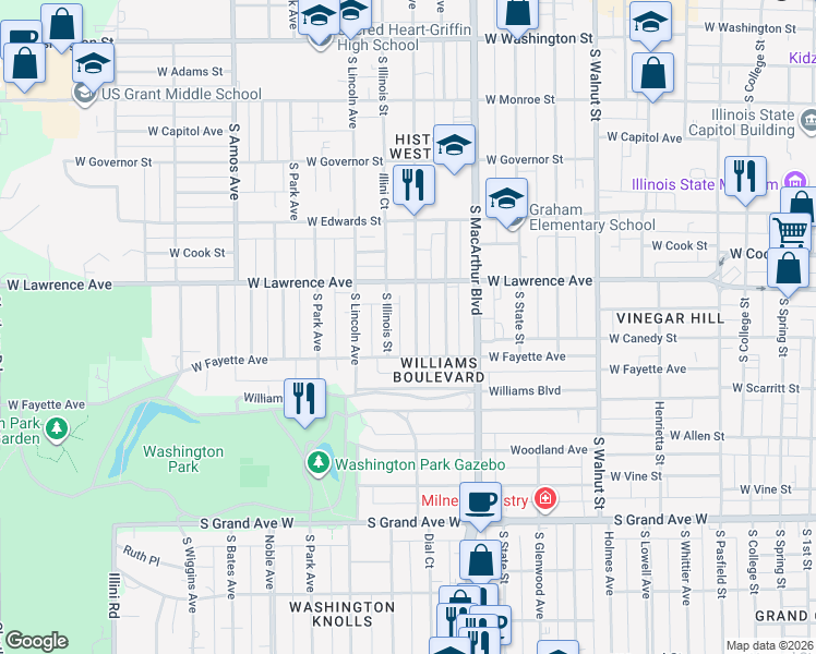 map of restaurants, bars, coffee shops, grocery stores, and more near 822 South Illinois Street in Springfield