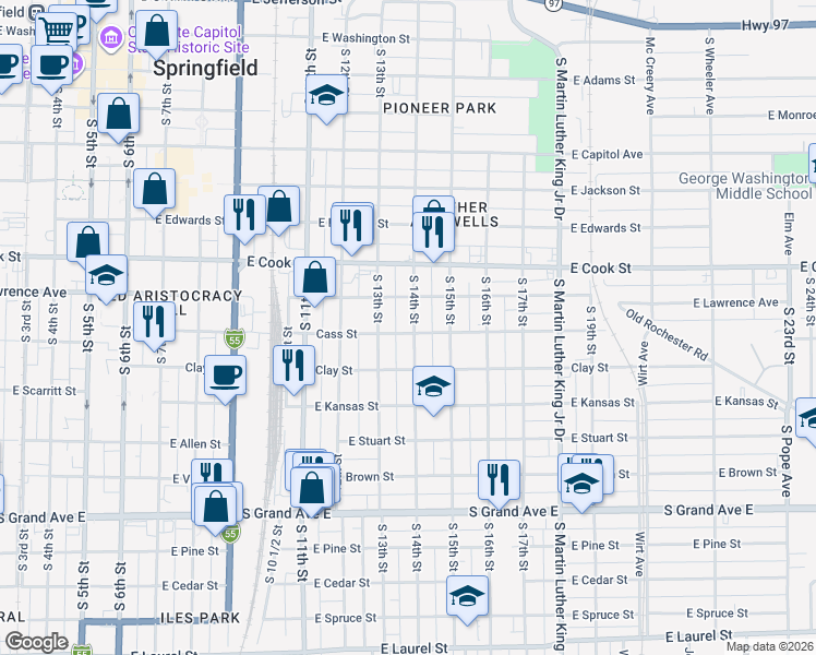 map of restaurants, bars, coffee shops, grocery stores, and more near 801-899 South 14th Street in Springfield
