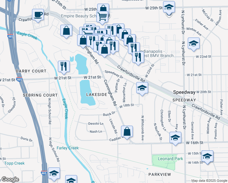 map of restaurants, bars, coffee shops, grocery stores, and more near 1938 Patton Drive in Speedway