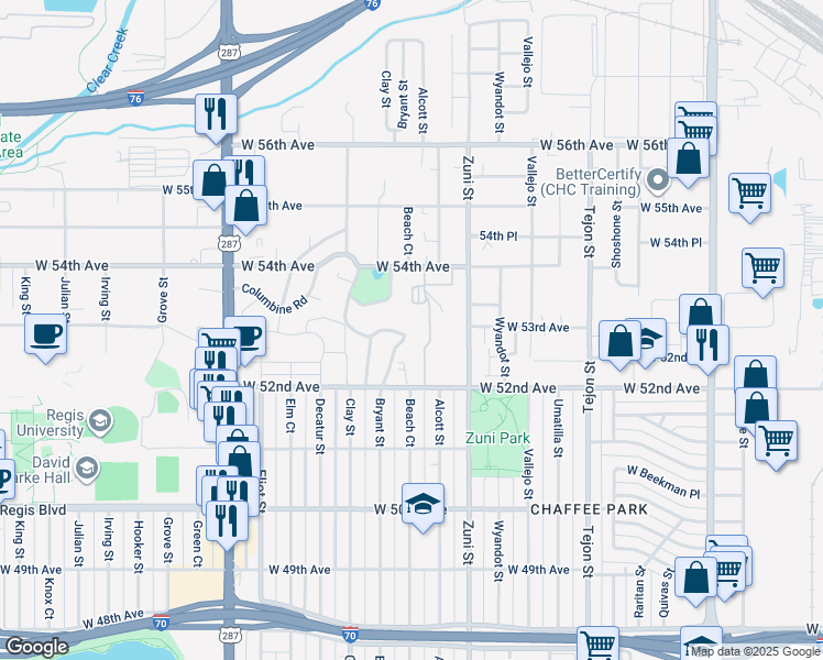 map of restaurants, bars, coffee shops, grocery stores, and more near 5292 Columbine Lane in Denver