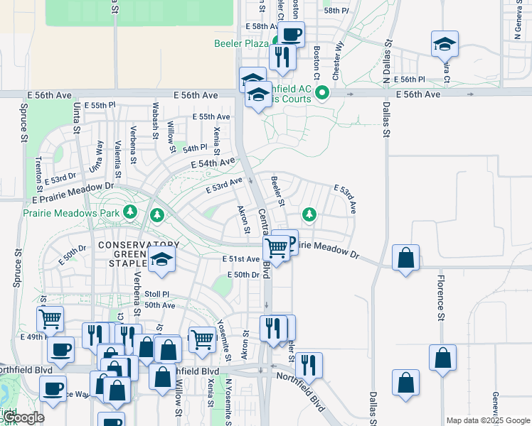 map of restaurants, bars, coffee shops, grocery stores, and more near 5247 Central Park Boulevard in Denver