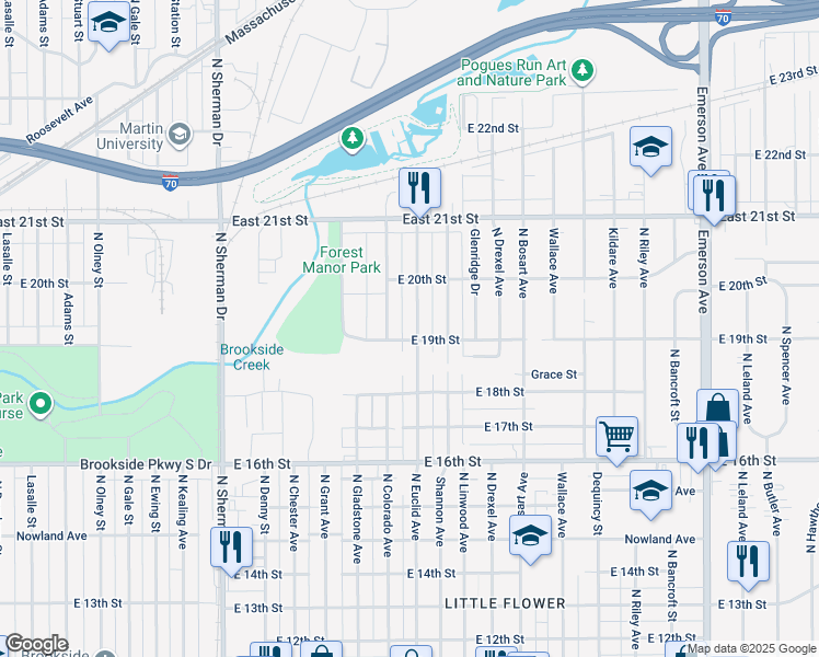 map of restaurants, bars, coffee shops, grocery stores, and more near 1910 North Euclid Avenue in Indianapolis
