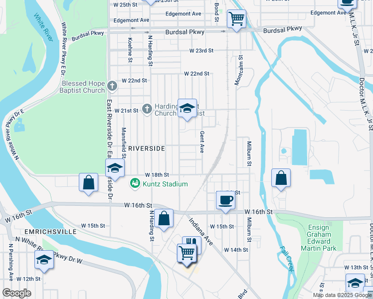 map of restaurants, bars, coffee shops, grocery stores, and more near 1228 West 19th Street in Indianapolis
