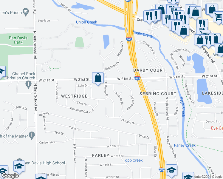 map of restaurants, bars, coffee shops, grocery stores, and more near 2004 Pamona Drive in Indianapolis