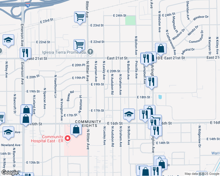map of restaurants, bars, coffee shops, grocery stores, and more near 5730 East 19th Street in Indianapolis