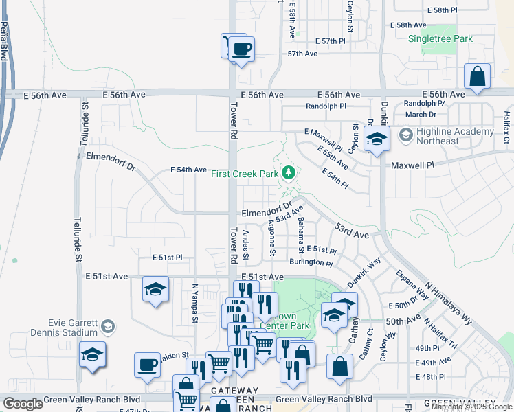 map of restaurants, bars, coffee shops, grocery stores, and more near 18678 East 54th Avenue in Denver