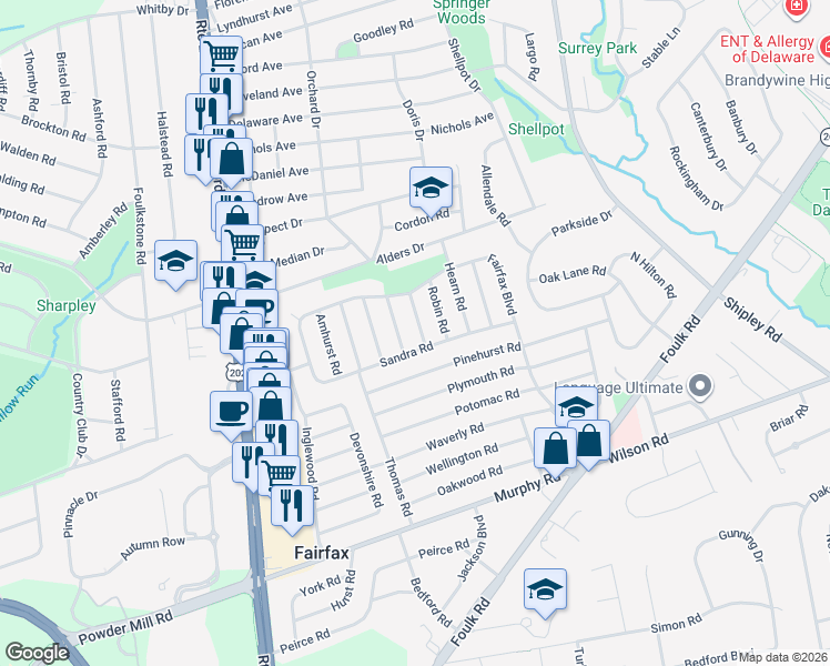 map of restaurants, bars, coffee shops, grocery stores, and more near 2211 Foote Road in Wilmington