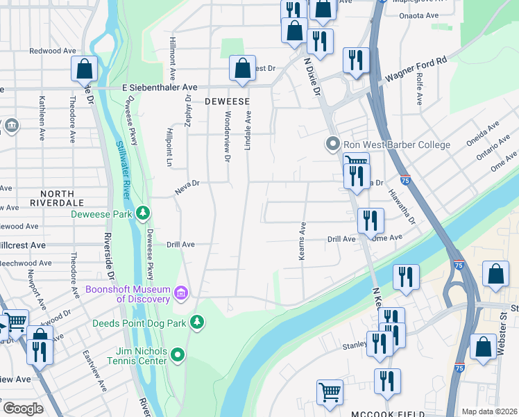 map of restaurants, bars, coffee shops, grocery stores, and more near 3057 Idylwilde Boulevard in Dayton