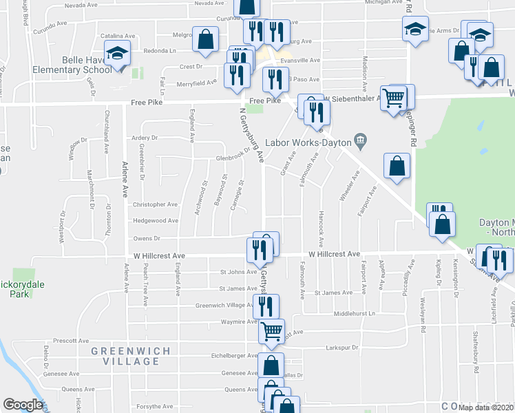 map of restaurants, bars, coffee shops, grocery stores, and more near 2634 North Gettysburg Avenue in Dayton