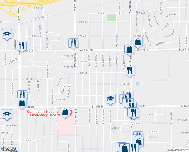 map of restaurants, bars, coffee shops, grocery stores, and more near 5730 East 19th Street in Indianapolis
