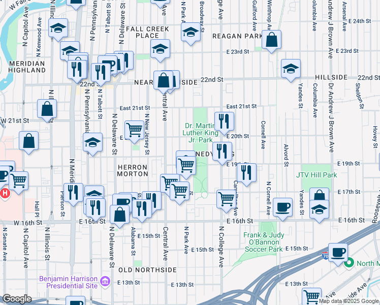 map of restaurants, bars, coffee shops, grocery stores, and more near 1951 Ruckle Street in Indianapolis