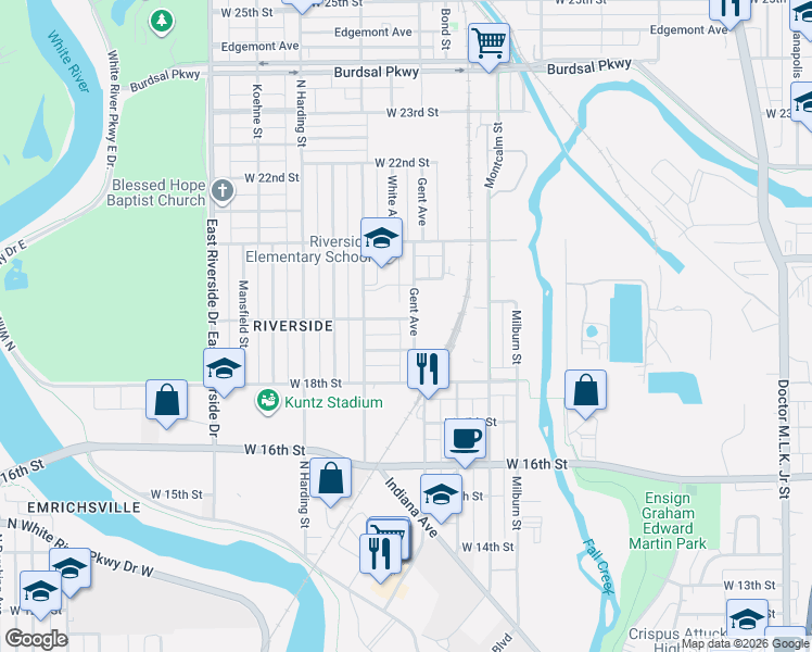 map of restaurants, bars, coffee shops, grocery stores, and more near 1228 West 19th Street in Indianapolis