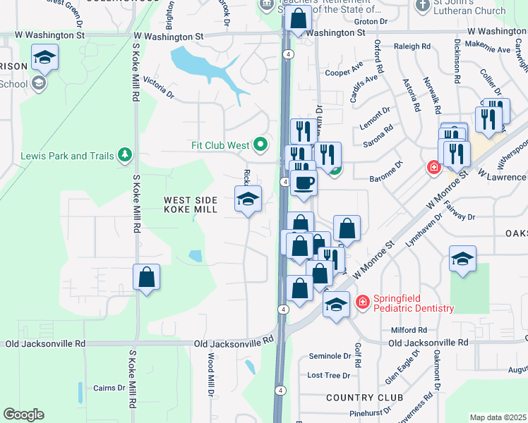 map of restaurants, bars, coffee shops, grocery stores, and more near 2807 Monmouth Court in Springfield