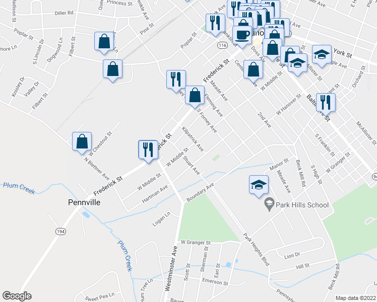 map of restaurants, bars, coffee shops, grocery stores, and more near 624 West Middle Street in Hanover