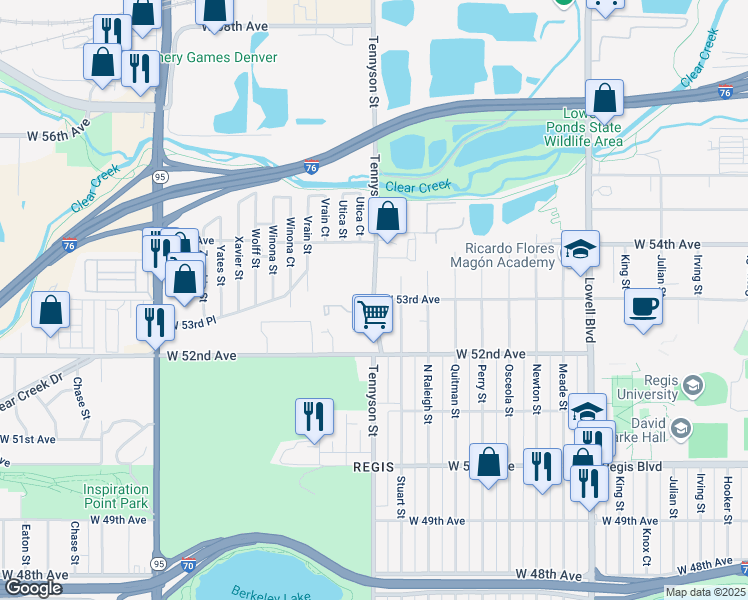 map of restaurants, bars, coffee shops, grocery stores, and more near Tennyson Street & West 53rd Avenue in Denver