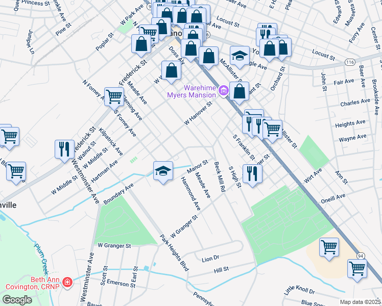 map of restaurants, bars, coffee shops, grocery stores, and more near 402 Meade Avenue in Hanover