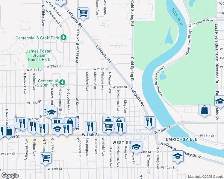 map of restaurants, bars, coffee shops, grocery stores, and more near 2804 West 20th Street in Indianapolis