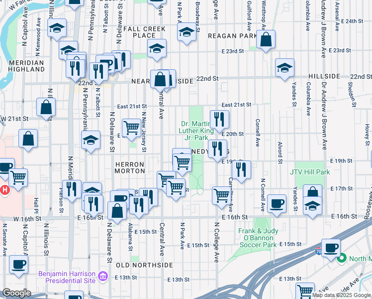 map of restaurants, bars, coffee shops, grocery stores, and more near 1951 Ruckle Street in Indianapolis