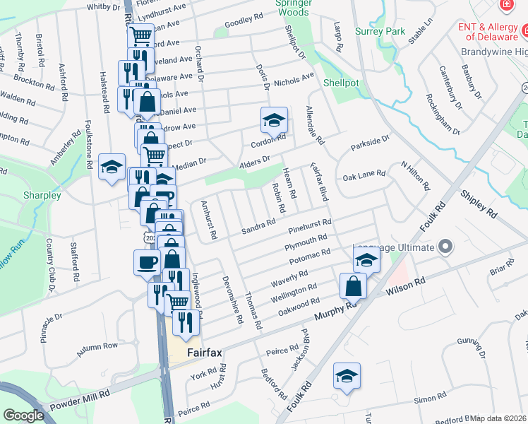 map of restaurants, bars, coffee shops, grocery stores, and more near 2211 Foote Road in Wilmington