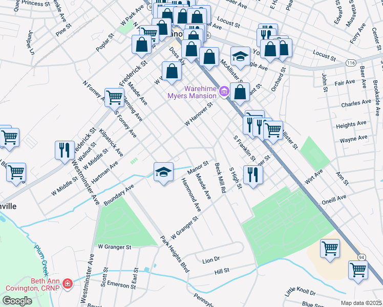 map of restaurants, bars, coffee shops, grocery stores, and more near 402 Meade Avenue in Hanover