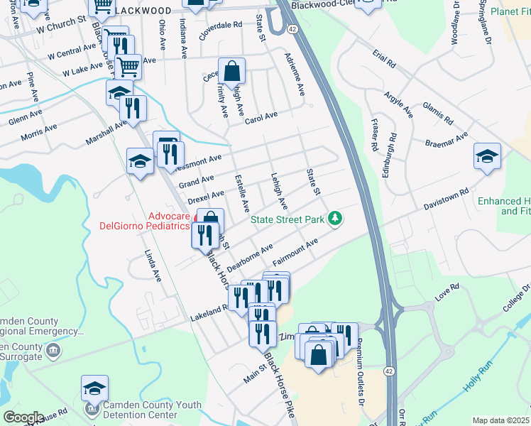 map of restaurants, bars, coffee shops, grocery stores, and more near 218 Hillcrest Avenue in Camden County