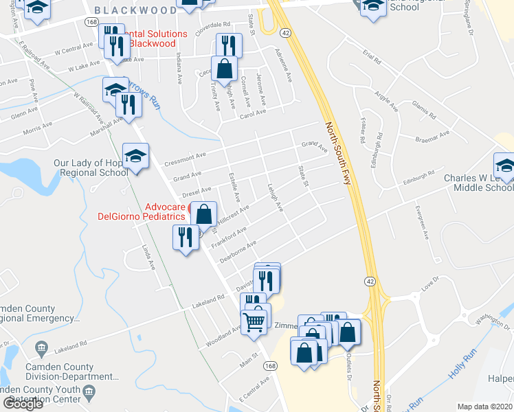 map of restaurants, bars, coffee shops, grocery stores, and more near 218 Hillcrest Avenue in Camden County