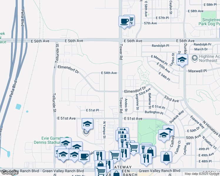 map of restaurants, bars, coffee shops, grocery stores, and more near 18493 E Elmendorf Drive in Denver