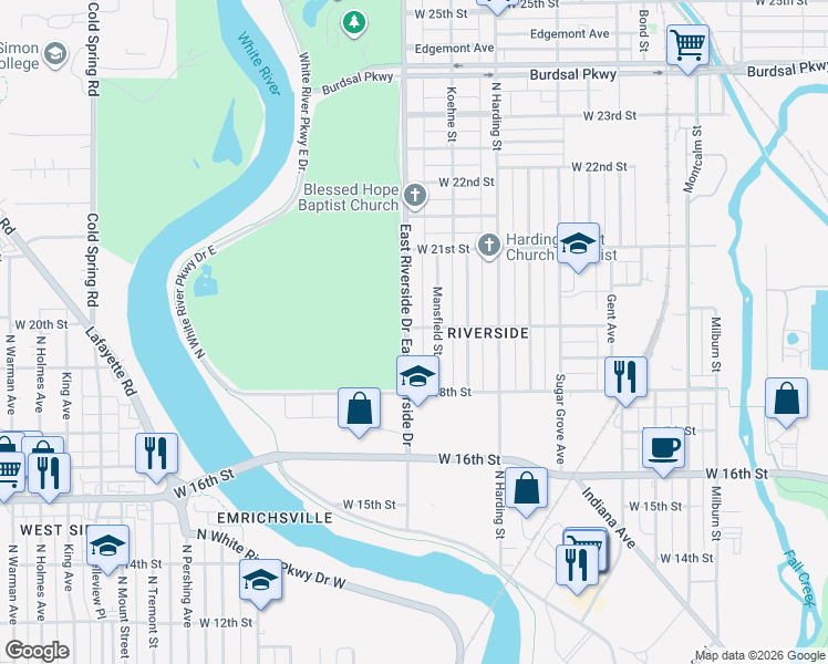 map of restaurants, bars, coffee shops, grocery stores, and more near 1914 Mansfield Street in Indianapolis