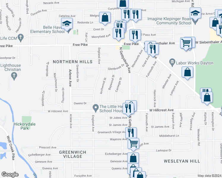 map of restaurants, bars, coffee shops, grocery stores, and more near 2448 Baywood Street in Dayton