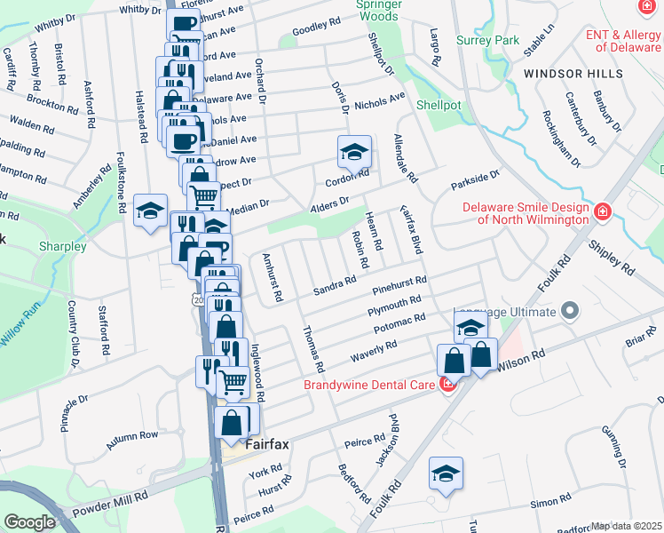 map of restaurants, bars, coffee shops, grocery stores, and more near 2207 Bradmoor Road in Wilmington