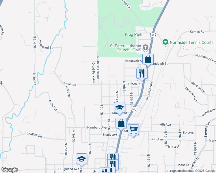 map of restaurants, bars, coffee shops, grocery stores, and more near 707 Green Street in Saint Joseph