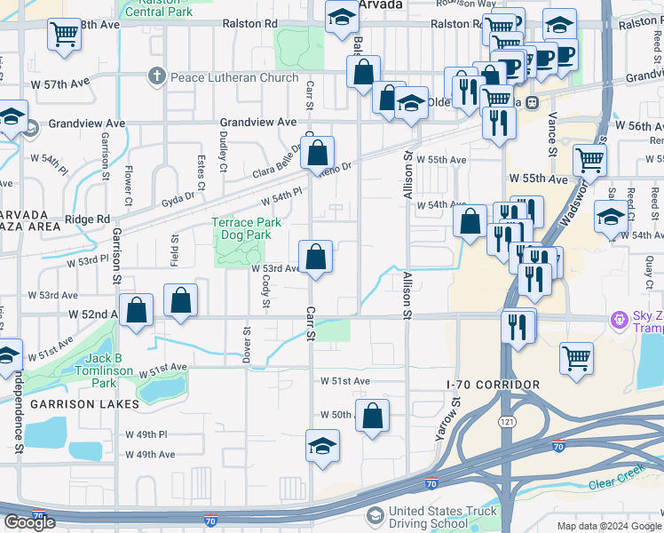 map of restaurants, bars, coffee shops, grocery stores, and more near 8345 West 53rd Place in Arvada