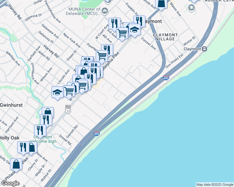 map of restaurants, bars, coffee shops, grocery stores, and more near 16 East Rivers End Drive in Claymont
