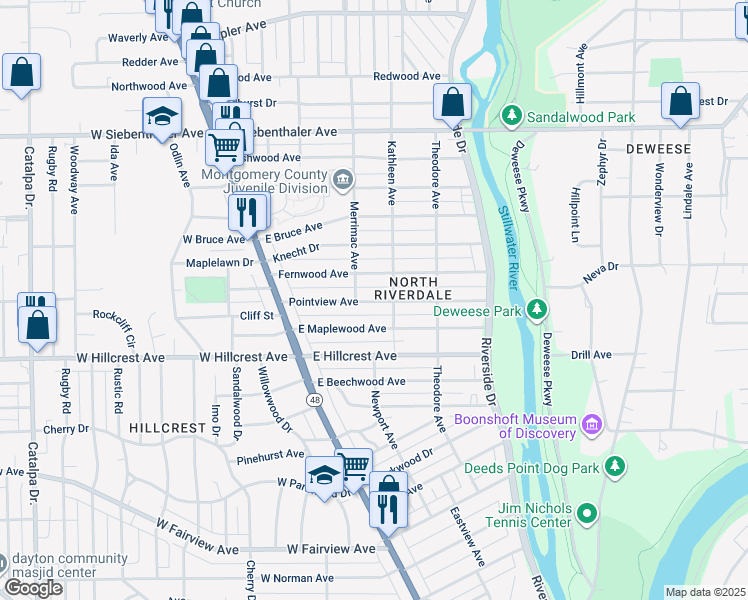 map of restaurants, bars, coffee shops, grocery stores, and more near 104 Fernwood Avenue in Dayton