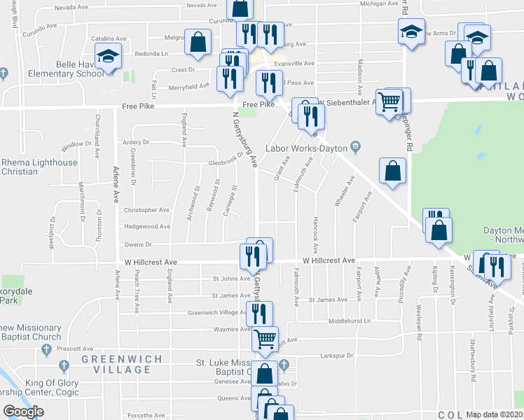 map of restaurants, bars, coffee shops, grocery stores, and more near 2634 North Gettysburg Avenue in Dayton