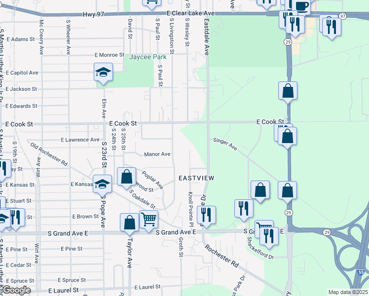 map of restaurants, bars, coffee shops, grocery stores, and more near 800 Knoll Pointe in Springfield