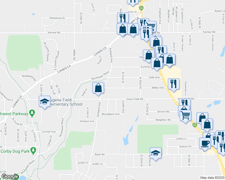 map of restaurants, bars, coffee shops, grocery stores, and more near 3010 Miller Avenue in Saint Joseph