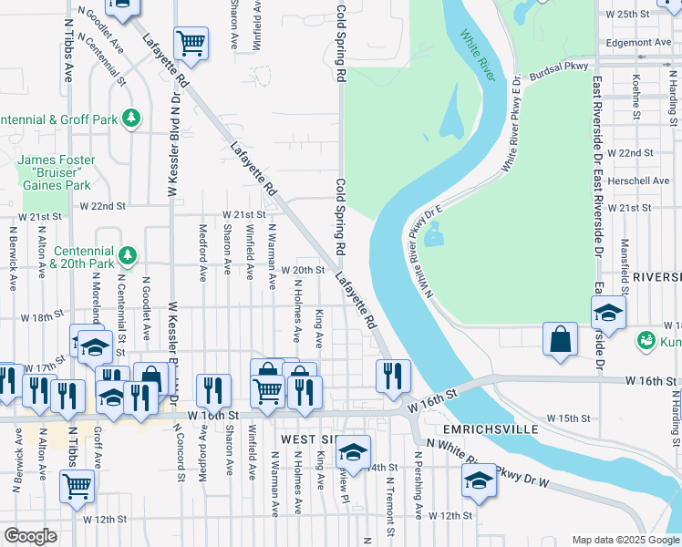 map of restaurants, bars, coffee shops, grocery stores, and more near Lafayette Rd & Cold Spring Rd in Indianapolis