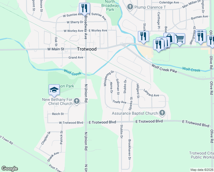 map of restaurants, bars, coffee shops, grocery stores, and more near 61 Whispering Drive in Dayton