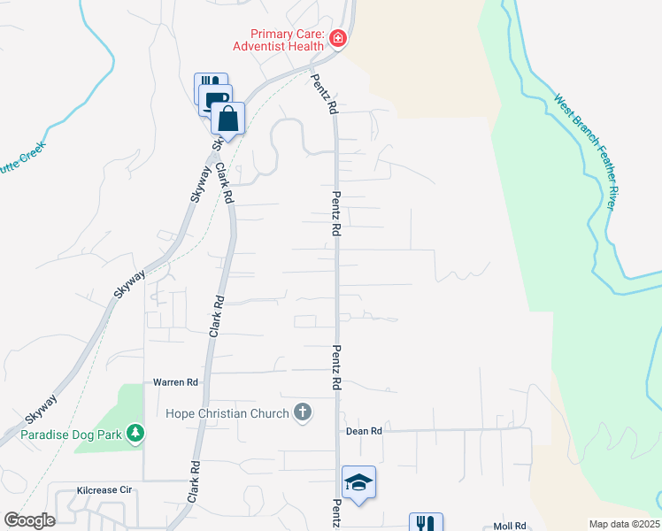 map of restaurants, bars, coffee shops, grocery stores, and more near 7131 Pentz Road in Paradise