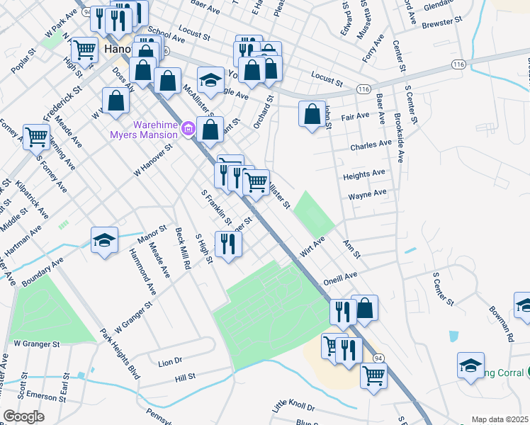 map of restaurants, bars, coffee shops, grocery stores, and more near 548 Baltimore Street in Hanover