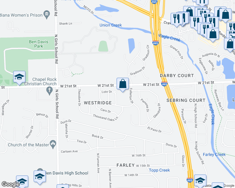 map of restaurants, bars, coffee shops, grocery stores, and more near 2037 Lohr Drive in Indianapolis