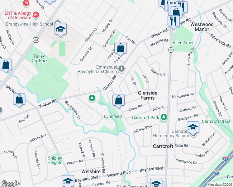 map of restaurants, bars, coffee shops, grocery stores, and more near 7 Homewood Road in Wilmington